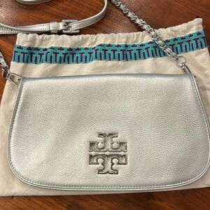 Tory Burch silver metallic flap crossbody bag